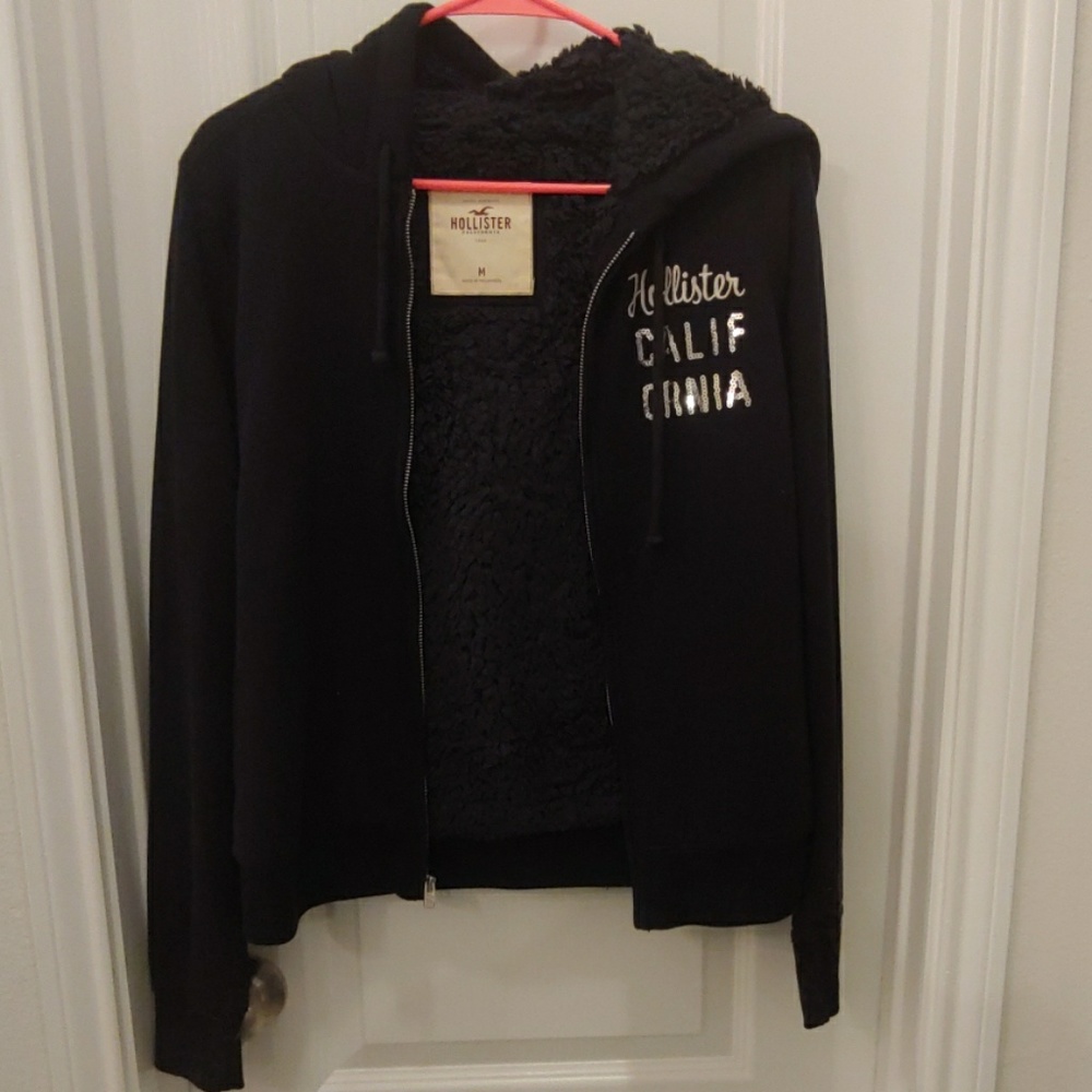 Navy blue fur lined hollister zip up hoodie